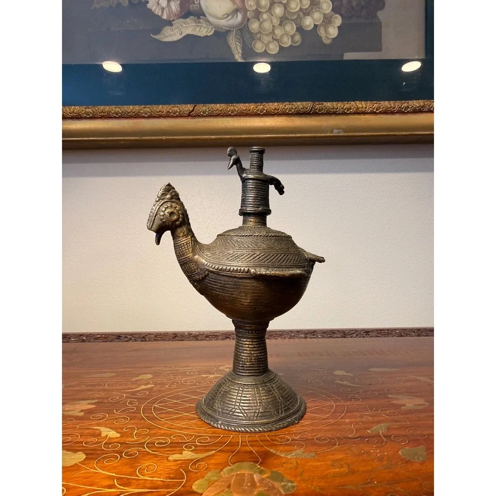 Antique‎ Indian Peacock Oil Lamp, Hand Cast Dhokra Brass Vessel